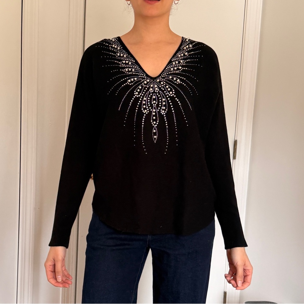 Milano LIV Black V-Neck Top with Pearl & Rhinestone Detail